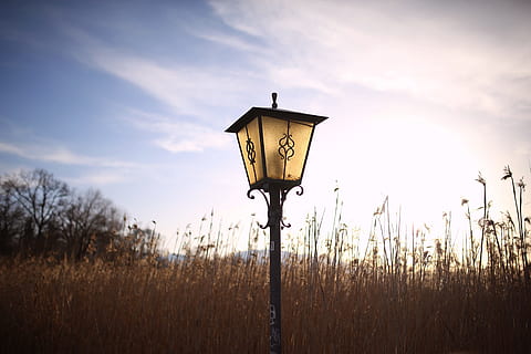 nature, sky, clouds, vintage, grass, idyllic, lamppost, rural, scenic, tranquil, plant, cloud - sky, lighting equipment, no people, field, tranquility, outdoors, tranquil scene, non-urban scene, street, land, pole, street light, scenics - nature, environment, landscape, sign, electric lamp, 4K, CC0, public domain, royalty free