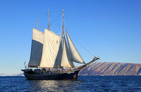 grey, black, sailboat, water, ship, sailing, greenland, boat, nautical vessel, transportation, mode of transportation, sea, sailing ship, blue, sky, mast, travel, clear sky, pole, nature, tall ship, no people, day, rigging, outdoors, yacht, passenger craft, 4K