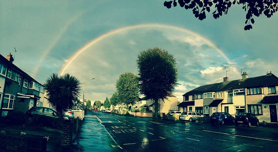 arcobaleno, tempo metereologico, bagnato, cielo, pioggia, città, albero, architettura, struttura costruita, esterno dell'edificio, mezzi di trasporto, strada, pianta, nuvola - cielo, natura, costruzione, veicolo a motore, auto, modo di trasporto, quartiere residenziale, doppio arcobaleno, nessuno, stagione piovosa, 5K