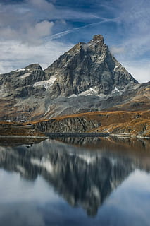 gray, rocky, mountain, blue, sky, photography, landscape, reflection, lake reflection, autumn, scenics - nature, water, beauty in nature, lake, tranquil scene, cloud - sky, tranquility, mountain range, environment, non-urban scene, nature, day, no people, idyllic, waterfront, outdoors, formation, snowcapped mountain, mountain peak, 1080P, CC0, public domain, royalty free