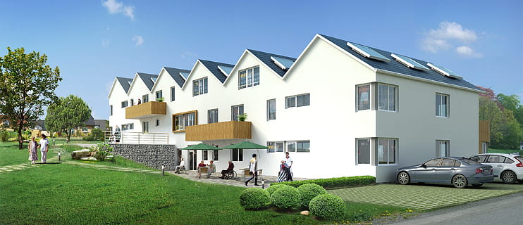 blanco, hormigón, edificio, rodeado, césped césped, Casa adosada, villa, representación, visualización, arquitectura, visualización 3d, visualización arquitectónica, paisaje, cgi, exterior del edificio, estructura construida, Distrito residencial, casa, hierba, propiedad de la vivienda, moderno, gente, entrada de coches, césped, suburbio, planta, palacio, patio delantero o trasero, fachada, coche, adulto, lujo, desarrollo, al aire libre, jardinería, 4K, CC0, dominio público, libre de derechos