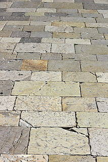 Patch, Paving Stones, Flooring, Away, stones, sidewalk, full frame, textured, backgrounds, pattern, no people, outdoors, day, footpath, architecture, high angle view, rough, built structure, stone, stone material, old, damaged, brick, paving stone, cracked, stone wall, surface level, concrete, 5K, CC0, public domain, royalty free