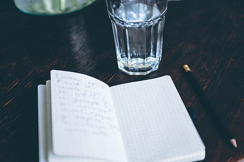 morning writing routine, Morning, writing, routine, objects, book, table, document, drink, drinking glass, food and drink, no people, focus on foreground, water, glass, indoors, household equipment, refreshment, drinking water, still life, close-up, wood - material, paper, high angle view, publication, glass - material, menu, 4K, CC0, public domain, royalty free