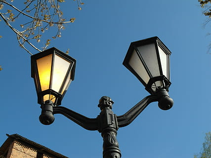 lantern, sky, light, lighting equipment, street light, low angle view, clear sky, street, nature, no people, day, tree, plant, blue, outdoors, architecture, gas light, technology, metal, sunlight, branch, antique, electric lamp, 2K, CC0, public domain, royalty free