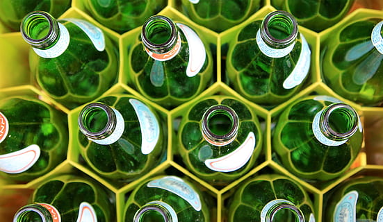 beverage, green, empty, bottle, container, green color, drink, backgrounds, no people, refreshment, alcohol, close-up, full frame, glass - material, food and drink, beer bottle, beer - alcohol, large group of objects, circle, glass, focus on foreground, household equipment, wine bottle, 2K, CC0, public domain, royalty free
