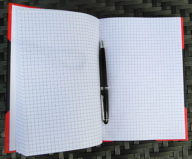 notebook, notes, black, open, pen, book, publication, white color, no people, paper, writing instrument, blank, still life, page, indoors, close-up, directly above, day, office, table, communication, copy space, note pad, 1080P, CC0, public domain, royalty free