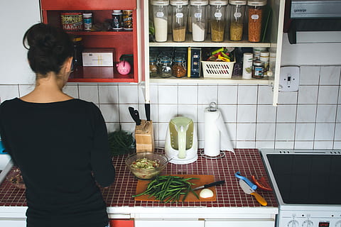 kitchen, home, Vintage, at home, cooking, kitchenware, process, domestic Kitchen, indoors, home Interior, people, food, kitchen Counter, one Person, adult, women, domestic Life, food And Drink, females, casual Clothing, lifestyles, men, domestic room, bottle, container, standing, real people, rear view, shelf, choice, waist up, 5K