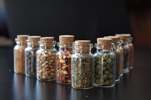 clear glass vials, pepper, cooking, bottle, container, jar, indoors, medicine, food, healthcare and medicine, food and drink, glass - material, in a row, choice, variation, close-up, herbal medicine, side by side, transparent, table, selective focus, large group of objects, still life, no people, order, herb, 4K, CC0, public domain, royalty free