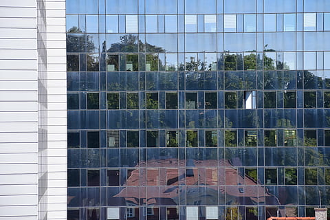 espelhamento, janela, fachada, vidro, arquitetura, construção, moderno, reflexão, reflexo na janela, estrutura construída, vidro - material, exterior do edifício, dia, transparente, árvore, plantar, natureza, ninguém, cidade, ao ar livre, escritório, luz solar, exterior do prédio de escritórios, forma, 5K, CC0, domínio público, royalty free
