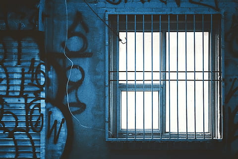 graffiti, gray, concrete, wall, metal window railings, architecture, building, infrastructure, window, grill, old, prison, built structure, no people, day, metal, grate, grid, indoors, security bar, security, safety, metal grate, pattern, protection, closed, wall - building feature, wrought iron, window frame, 5K, CC0, public domain, royalty free
