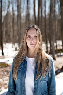 photo, women, wearing, washed, denim jacket, shallow, focus, woman, bare, trees, daytime, blue, button-up, jacket, selective focus, photography, outdoors, caucasian Ethnicity, one Person, nature, adult, people, winter, young Adult, young Women, color Image, looking At Camera, females, forest, day, long Hair, portrait, beauty, tree, beautiful, one Woman Only, adults Only, casual clothing, blond hair, real people, hair, standing, lifestyles, land, leisure activity, hairstyle, front view, plant, beautiful woman, teenager, 5K, CC0, public domain, royalty free