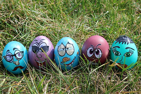easter, fun, easter egg, lawn, season, funny, color, grass, plant, nature, celebration, egg, no people, day, food, field, food and drink, land, outdoors, art and craft, high angle view, group of objects, creativity, close-up, 5K, CC0, public domain, royalty free