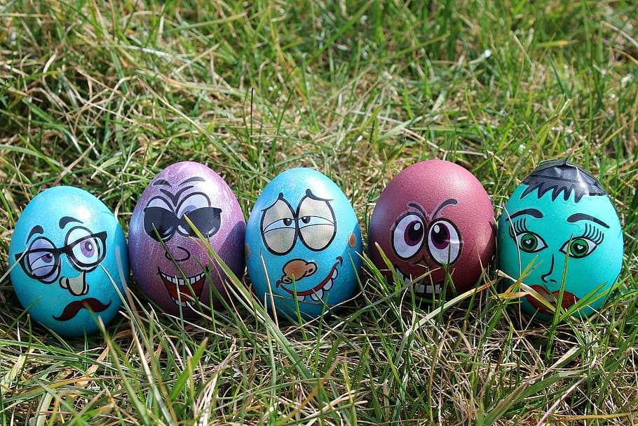 easter, fun, easter egg, lawn, season, funny, color, grass, plant, nature, celebration, egg, no people, day, food, field, food and drink, land, outdoors, art and craft, high angle view, group of objects, creativity, close-up, 5K