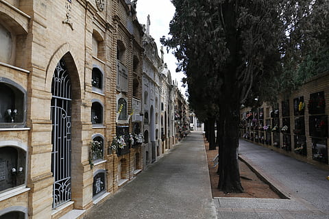 Friedhof, Hintergrundbeleuchtung, Spanien, die Architektur, Dämmerung, Wolken, Stille, Sonnenuntergang, Frieden, Zen, Nischen, Gräber, Reiseziele, Stadt, Tag, draußen, keine Leute, Gebäudehülle, gebaute Struktur, Baum, Gebäude, Bogen, Pflanze, Richtung, der Weg nach vorn, Natur, zufällige Menschen, Geschichte, die Vergangenheit, Straße, Fußweg, abnehmende Perspektive, 5K, CC0, gemeinfrei, lizenzfrei