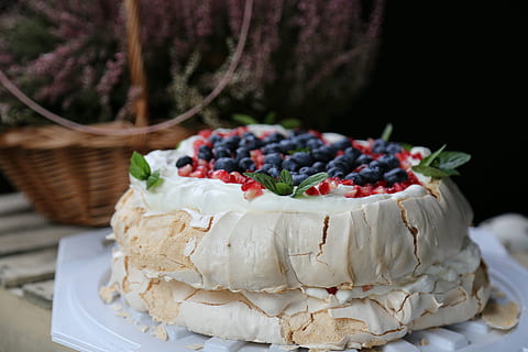 cake, meringue, sweets, food and drink, food, fruit, freshness, healthy eating, berry fruit, sweet food, sweet, dessert, focus on foreground, baked, indulgence, close-up, table, ready-to-eat, still life, no people, blueberry, temptation, french food, 5K, CC0, public domain, royalty free