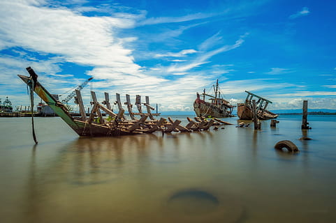 sunny, day, shipwreck, sky, sunlight, scene, natural, wreckage, bright, scenery, scenic, noon, water, cloud - sky, transportation, sea, nautical vessel, ship, mode of transportation, abandoned, deterioration, waterfront, decline, obsolete, run-down, nature, wood - material, no people, outdoors, wooden post, 1080P, CC0, public domain, royalty free