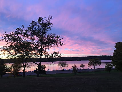 zachód słońca, wate, fioletowy, odbicie, niebo, słońce, drzewo, roślina, piękno natury, spokój, spokojna scena, scenics - natura, chmura - niebo, wzrost, Natura, idylliczny, sylwetka, wylądować, scena pozamiejska, krajobraz, pole, woda, środowisko, żadnych ludzi, na dworze, 4K, CC0, domena publiczna, darmowe zdjęcia