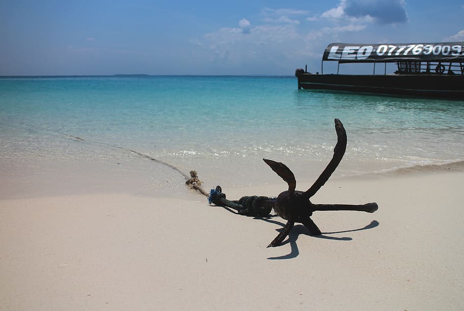 sort, anker, kyst, støvle, skib, strand, sand, sandstrand, hav, sommer, ferie, sol, helligdage, paradis, sydsøen, caribbean, Afrika, tanzania, Zanzibar, vand, booket, sandbanke, blå, klar, sø, himmel, horisont over vand, horisont, jord, scenics - natur, natur, skønhed i naturen, rolig scene, ro, dag, sky - himmel, idyllisk, nautiske fartøj, transportmidler, ikke-urbane scene, udendørs, drivtømmer, turkisfarvet, 4K