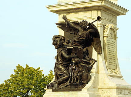 Kanada, québec, staré Město, champlain, památník, bronz, sochařství, socha, umění a řemesla, architektura, zastoupení, lidské zastoupení, nízký úhel pohledu, Dějiny, destinace, minulost, stavba, den, nebe, tvořivost, mužská podobnost, Příroda, nikdo, strom, exteriér budovy, řemeslo, venku, architektonický sloup, 2K, CC0, veřejná doména, bez autorských práv