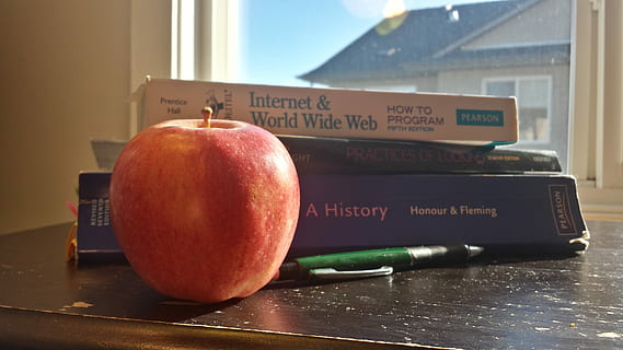 Lehrbuch, Apfel, Bleistift, Studie, Zuhause, Apfel, Bleistift, Snack, Bildung, lernen, Information, Arbeitsmappe, studieren, Obst, Buch, Tabelle, drinnen, Fenster, keine Leute, rot, Wasser, gesundes Essen, Apfel - Frucht, Lebensmittel, Frische, Essen und Trinken, Text, Wohlbefinden, westliche Schrift, Stillleben, Nahansicht, Kommunikation, Tag, Holz - Material, Fokus auf den Vordergrund, 4K, CC0, gemeinfrei, lizenzfrei