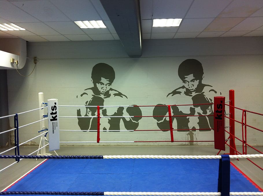 person, showing, boxing ring, ring, boxing, fight, punch, sport, indoors, illuminated, gym, exercising, no people, absence, lighting equipment, human representation, healthy lifestyle, ceiling, wall - building feature, sports equipment, representation, built structure, architecture, empty, 2K