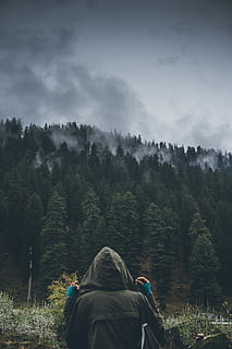 persona, de cara, arbres, gris, núvols, cap enrere, bosc, arbre, núvol, boira, ennuvolat, verd, jaqueta, campana, tempesta, planta, vista del darrere, persones reals, cel, activitat d'oci, naturalesa, estils de vida, muntanya, terra, bellesa a la natura, gent, núvol - cel, adult, homes, creixement, escenics - natura, medi ambient, a l'aire lliure, roba calenta, caputxa - roba, 5K, CC0, domini públic, lliure de regalies