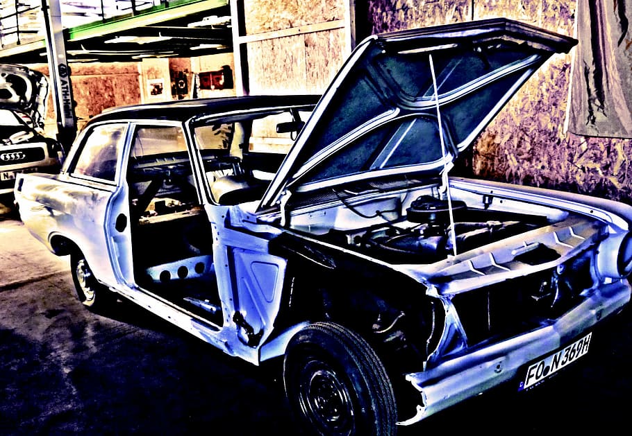 opel, registre, taller, oldtimer, hdr, opel rekord, automàtic, cotxe, transport, espatllat, blau, vehicle terrestre, cap gent, manera de transport, automòbil, dia, estacionari, estil retro, metall, vell, a l'aire lliure, ciutat, arquitectura, viatjar, graffiti, cotxe d'època, moto, roda, garatge, 2K