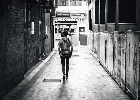 grayscale photo, man, standing, mcdonalds store, walking, sidewalk, guy, backpack, lifestyle, pedestrian, alley, city, urban, black and white, rear view, full length, one person, architecture, built structure, women, real people, the way forward, building exterior, lifestyles, footpath, street, building, direction, men, day, casual clothing, city life, outdoors, 4K