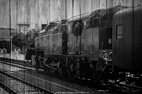 grayscale photography, train, structure, background, wallart, nostalgic, texture, wood, locomotive, steam locomotive, decoration, railroad track, rail transportation, train - vehicle, transportation, mode of transport, shunting yard, public transportation, outdoors, no people, track, mode of transportation, day, freight train, steam train, architecture, nature, built structure, land vehicle, old, railroad car, 4K, CC0, public domain, royalty free
