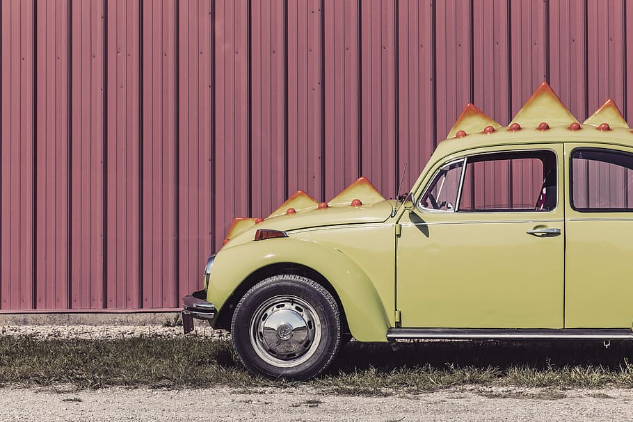 yellow, volkswagen beetle park, grass, daytime, Volkswagen beetle, park, objects, whimsical, lazy, art, green, car, beetle, vintage, vehicle, red, abstract, volkswagen, silly, humor, old-fashioned, retro Styled, old, antique, no People, classic, obsolete, outdoors, transportation, rusty, day, mode of transportation, land vehicle, motor vehicle, vintage car, stationary, architecture, metal, wall - building feature, built structure, garage, 5K