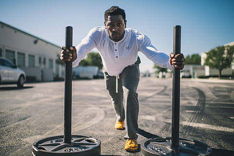 man, person, sport, black, athlete, effort, exercise, fitness, sweating, therapy, weights, one person, front view, standing, sky, adult, city, young adult, day, full length, clear sky, architecture, casual clothing, young men, men, sunlight, leisure activity, lifestyles, nature, outdoors, 2K, CC0, public domain, royalty free