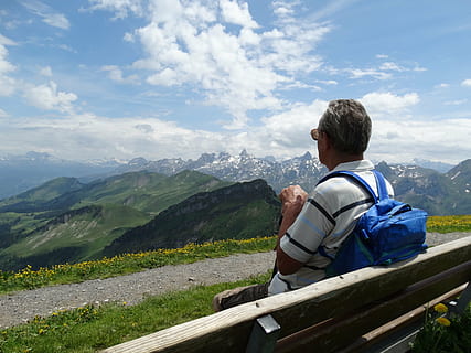 man, leaning, gray, fence, cloudy, sky, bench, foresight, mountain world, distant view, rest, person, relax, wanderer, hiking, switzerland, swiss, mountain, nature, outdoors, men, adventure, people, backpack, landscape, mountain Peak, travel, summer, scenics, one person, leisure activity, scenics - nature, real people, beauty in nature, cloud - sky, rear view, non-urban scene, mountain range, tranquil scene, sitting, lifestyles, day, tranquility, vacations, trip, looking at view, mature adult, mature men, 5K, CC0, public domain, royalty free