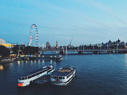 boat, boats, bridge, building, city, cityscape, clouds, dawn, dock, dusk, harbor, harbour, lights, ocean, outdoors, pier, port, river, sea, seascape, seashore, ship, sky, skyscraper, structure, transportation system, travel, vehicle, water, watercraft, waterfront, architecture, built structure, building exterior, nautical vessel, amusement park ride, transportation, ferris wheel, amusement park, travel destinations, no people, nature, mode of transportation, passenger craft, 2K