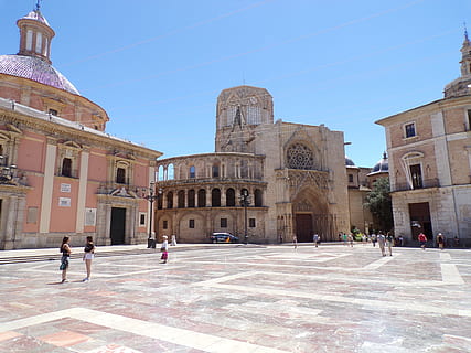 Spain, Value, Piazza, Cathedral, architecture, building exterior, built structure, travel destinations, history, day, building, place of worship, group of people, real people, religion, belief, spirituality, tourism, sky, clear sky, travel, women, city, arch, outdoors, 4K, CC0, public domain, royalty free