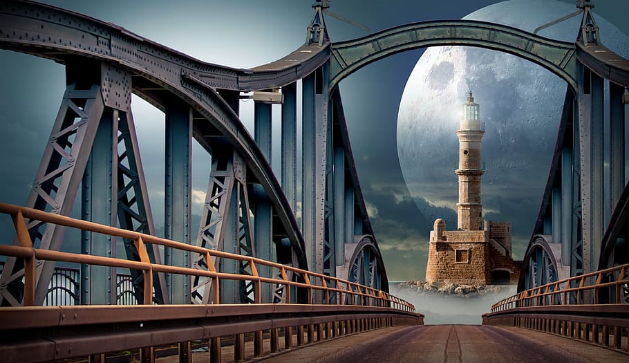 gris, marró, pont, far, lluna, planeta, tecnologia, ciència, cel, recerca, univers, wanderlust, viatjar, aventura, fantasia, arquitectura, estructura construïda, exterior de l'edifici, pont - estructura feta per l'home, connexió, ciutat, transport, destinacions de viatge, naturalesa, vespre, barana, metall, edifici, aigua, cap gent, a l'aire lliure, columna arquitectònica, 4K