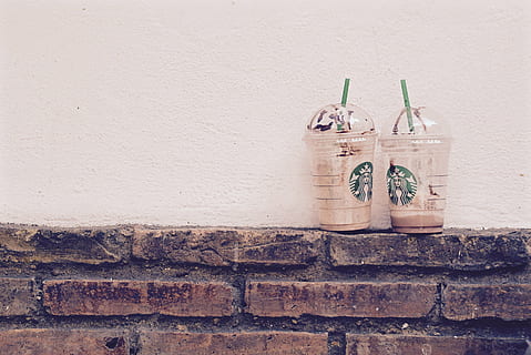 two, empty, disposable, cups, wall, near, photo, plastic, Starbucks, coffee, drinks, bricks, no people, indoors, white background, close-up, day, wall - building feature, built structure, architecture, brick wall, container, still life, creativity, brick, paper currency, art and craft, outdoors, finance, shelf, building exterior, currency, 2K, CC0, public domain, royalty free