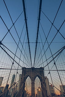 cuc, vista d'ulls, blau, cel, sortida del sol, vista dels ulls del cuc, cel blau, nova York, pont de Brooklyn, Manhattan - Nova York, brooklyn - new york, arquitectura, pont - estructura feta per l'home, EUA, Pont en suspensió, estructura construïda, lloc famós, ciutat, arc, viatjar, vista d’angle baix, connexió, pont, cap gent, turisme, destinacions de viatge, transport, cable, exterior de l'edifici, naturalesa, a l'aire lliure, 4K, CC0, domini públic, lliure de regalies