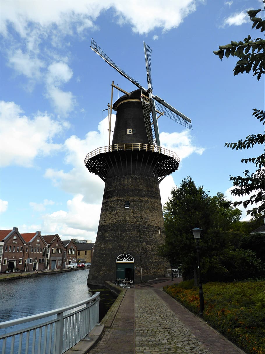edifici, molí, molí de blat de moro, gin, fulles de molí, Països Baixos, Holanda, molí històric, metxes de fusta, balustrada, stellingmolen, schiedam, turisme, cel, arquitectura, estructura construïda, núvol - cel, conservació del medi ambient, energia renovable, exterior de l'edifici, naturalesa, aerogenerador, energia alternativa, arbre, turbina, energia eòlica, aigua, dia, generació de combustible i energia, cap gent, planta, medi ambient, a l'aire lliure, 4K