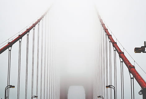 tåget dækket gyldne port, Foto, gylden, gate bro, manden lavet, struktur, hængebro, arkitektur, bro - menneskeskabt struktur, berømte sted, transportmidler, Golden Gate bro, stålkabel, forbindelse, industri, bygget struktur, ingen mennesker, bro, rækværk, natur, metal, dag, hvid farve, himmel, trappe, hængende, udendørs, bygning udvendig, tåge, retning, legering, 5K, CC0, offentligt domæne, royaltyfrie