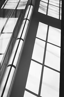 stín, zeď, okno, bw, architektura, sklo - materiál, moderní, uvnitř, odraz, kancelářská budova, nikdo, vzor, den, stavba, průhledný, celý rám, detail, budova, nízký úhel pohledu, kov, pozadí, zábradlí, bezpečnostní, sklenka, okenní rám, stříbrné barvy, 4K, CC0, veřejná doména, bez autorských práv