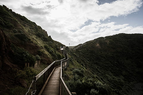 photo, bridge, mountain, blue, white, sky, landscape photography, empty, mountains, path, pathway, walkway, slope, lighthouse, direction, cloud - sky, the way forward, railing, scenics - nature, nature, non-urban scene, beauty in nature, day, plant, transportation, tranquility, tree, architecture, connection, tranquil scene, built structure, no people, footbridge, diminishing perspective, outdoors, long, 8K, CC0, public domain, royalty free