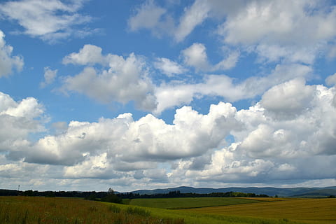 niebo, chmury, pole, forma chmur, nastrój, Natura, chmura - niebo, scena wiejska, lato, niebieski, na dworze, łąka, krajobraz, scenics, trawa, cloudscape, rolnictwo, środowisko, scenics - natura, piękno natury, wylądować, spokojna scena, spokój, scena pozamiejska, roślina, dzień, żadnych ludzi, horyzont, horyzont nad ziemią, zielony kolor, toczący się krajobraz, 5K, CC0, domena publiczna, darmowe zdjęcia