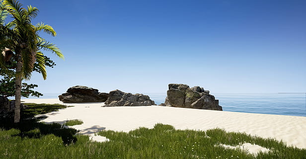 renderizar, Renderização, 3d, desenhar, de praia, arquitetura, exterior, céu limpo, azul, céu, mar, scenics, ninguém, agua, natureza, terra, scenics - natureza, rock - objeto, Rocha, plantar, sólido, tranquilidade, beleza na natureza, cena tranquila, Palmeira, árvore, ao ar livre, pilha de rock, 2K, CC0, domínio público, royalty free