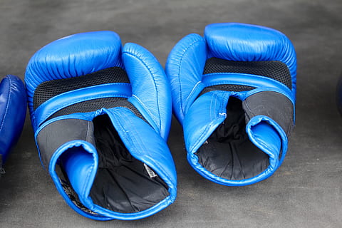 pair, blue, boxing gloves, box, gloves, training, thai boxing, thailand, ring, fight, discipline, championship, competition, shoe, no people, high angle view, close-up, still life, outdoors, absence, day, headphones, nature, focus on foreground, land, protection, listening, personal accessory, sport, sandal, 5K, CC0, public domain, royalty free