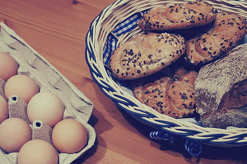 brown, pastries, woven, basket, close, photo, fresh, eggs, tray, cookies, bread, breakfast, food, food and drink, indoors, no people, healthy eating, close-up, easter, homemade, freshness, day, still life, table, high angle view, wellbeing, egg, container, baked, wood - material, sweet food, ready-to-eat, indulgence, temptation, 2K, CC0, public domain, royalty free