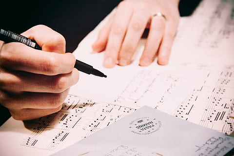 white printerpaper, writing, notes, hands, creativity, music, song, pen, symbol, paper, art, letter, human hand, hand, human body part, one person, close-up, body part, holding, indoors, business, finger, finance, education, men, corporate business, human finger, adult, financial advisor, studying, exam, 4K, CC0, public domain, royalty free