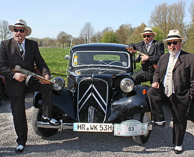 three, men, standing, beside, black, vehicle, oldtimer, mafia, citroen, mode of transportation, full length, front view, transportation, males, car, looking at camera, motor vehicle, young adult, day, portrait, group of people, mature men, young men, adult, text, fashion, mature adult, outdoors, 2K, CC0, public domain, royalty free