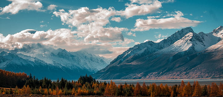montagna innevata, orizzonte, nubi cumuliformi, foresta marrone, montagna, nube, albero, lago, picco, nz, Nuova Zelanda, autunno, cielo, cresta, selvaggio, foresta, paesaggio, scenics - natura, la neve, catena montuosa, temperatura fredda, inverno, bellezza nella natura, nuvola - cielo, ambiente, natura, pianta, nessuno, scena tranquilla, terra, la tranquillità, all'aperto, picco di montagna, Pino, 5K, CC0, dominio pubblico, privo di copyright