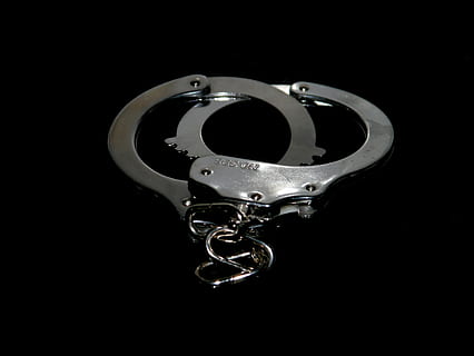 locked gray handcuffs, handcuffs, 8, black silver, caught, metal, steel, chain, security, crime, arrest, lock, black background, studio shot, indoors, close-up, no people, single object, copy space, technology, social issues, still life, cut out, dark, black color, high angle view, domestic room, 4K, CC0, public domain, royalty free