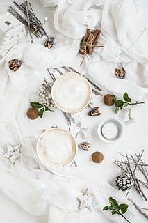 two, white, ceramic, cups, textle, round, bowls, mug, flatlay, linen, fabric, sheet, high angle view, indoors, food and drink, white color, table, no people, still life, food, directly above, freshness, large group of objects, wellbeing, eating utensil, spoon, refreshment, kitchen utensil, drink, plant, textile, spice, 5K, CC0, public domain, royalty free